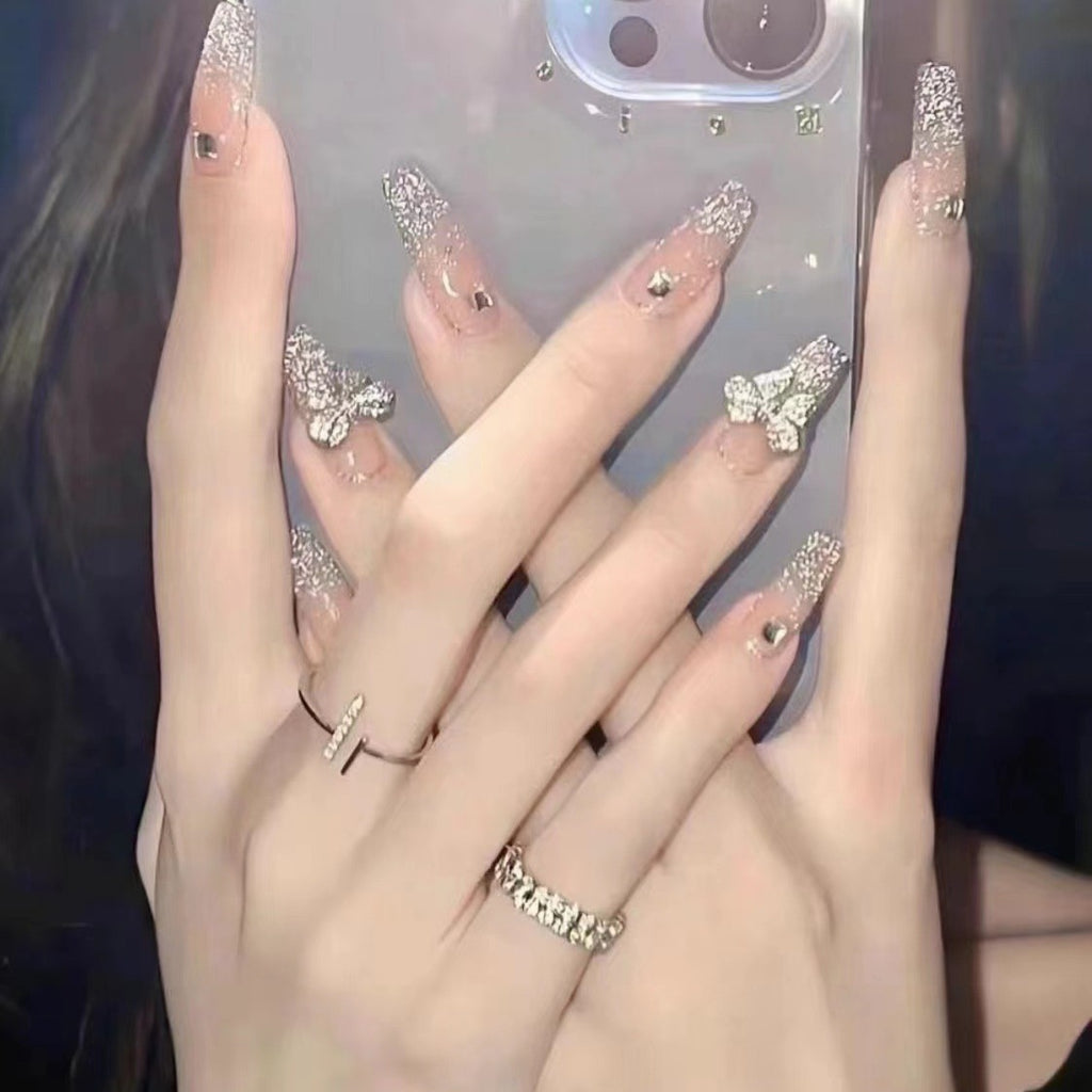 Flashing Bowknot Handmade Wearable Nails Xiaohongshu Same Style Finished Nail Pieces Wholesale Aurora Long Nail Stickers