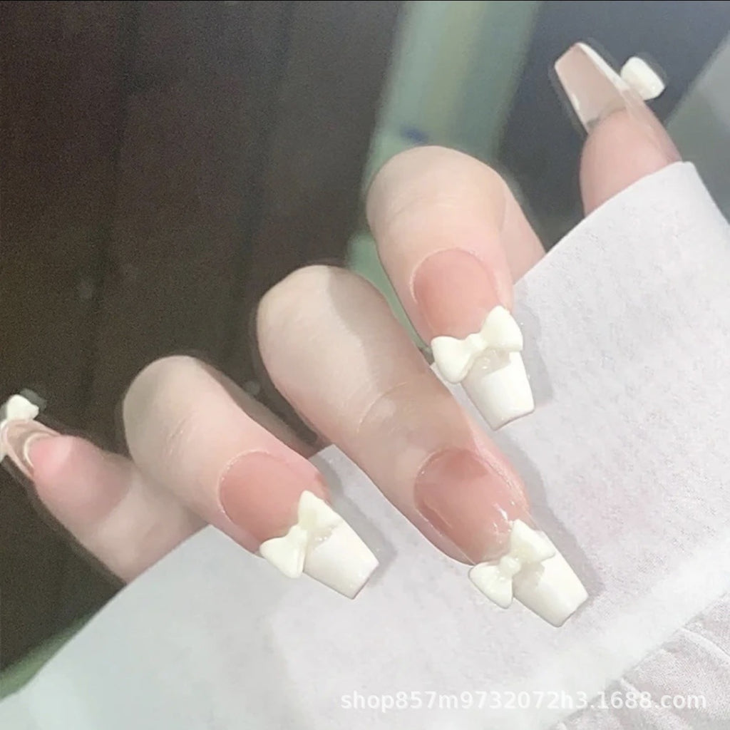 Wearable Nail Milk Yellow Bowknot Milk Huhu Nail Patch French Nail Patch Fake Nail Nail Patch Finished Nail Patch