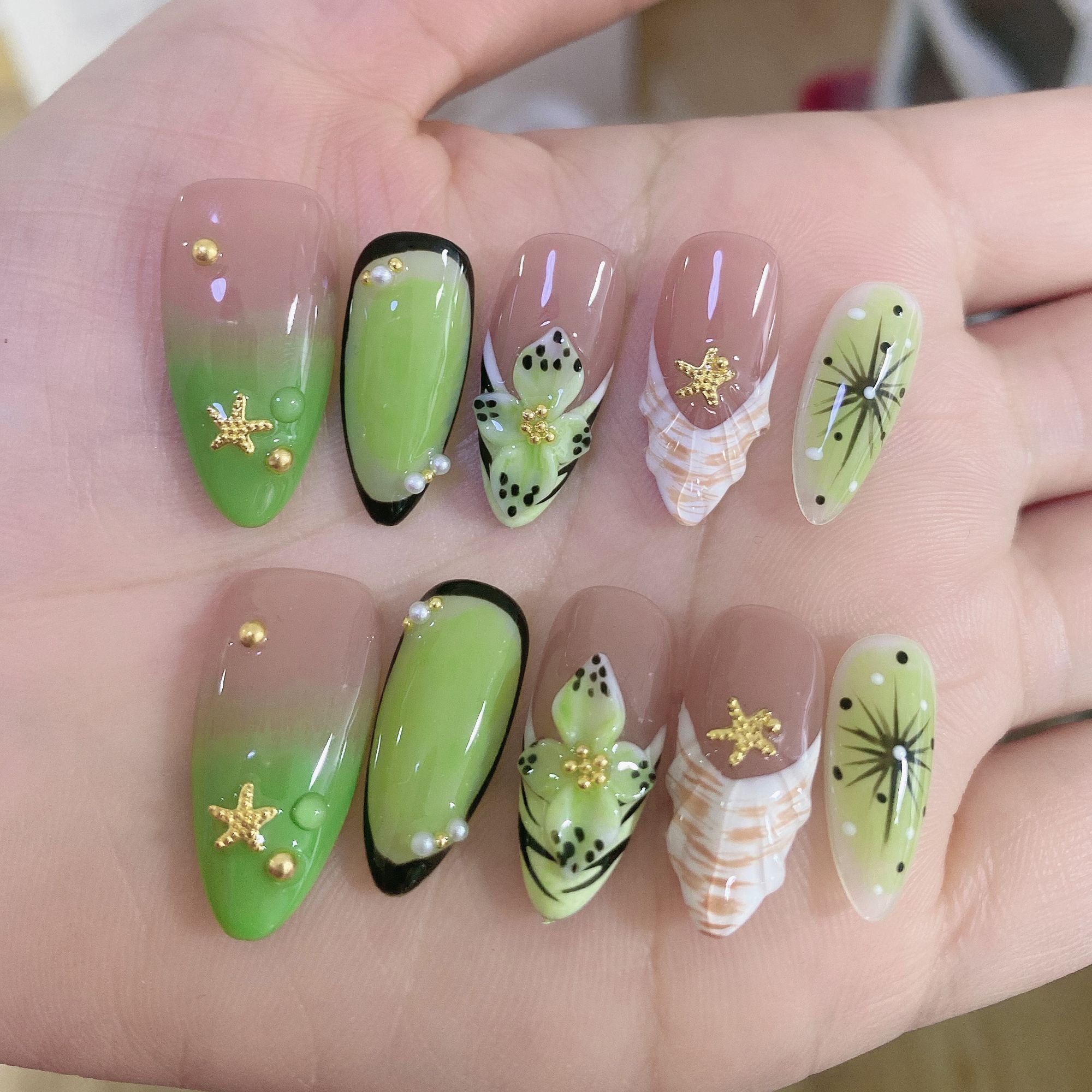 Edgy Florals: Custom Fresh 3D Embossed Press-on Nails | Handmade Almond Shape for a Stylish Look