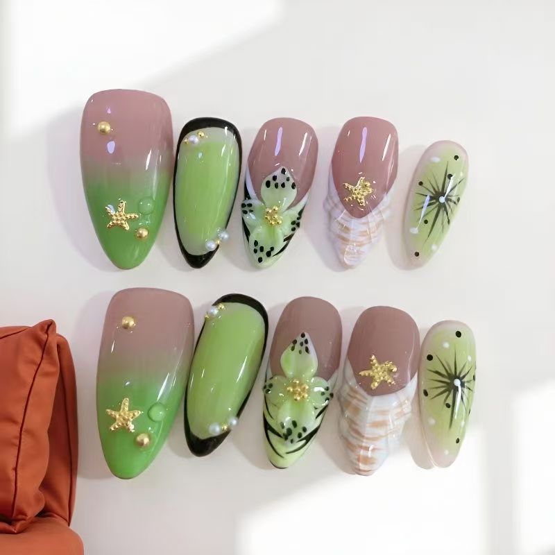 Edgy Florals: Custom Fresh 3D Embossed Press-on Nails | Handmade Almond Shape for a Stylish Look