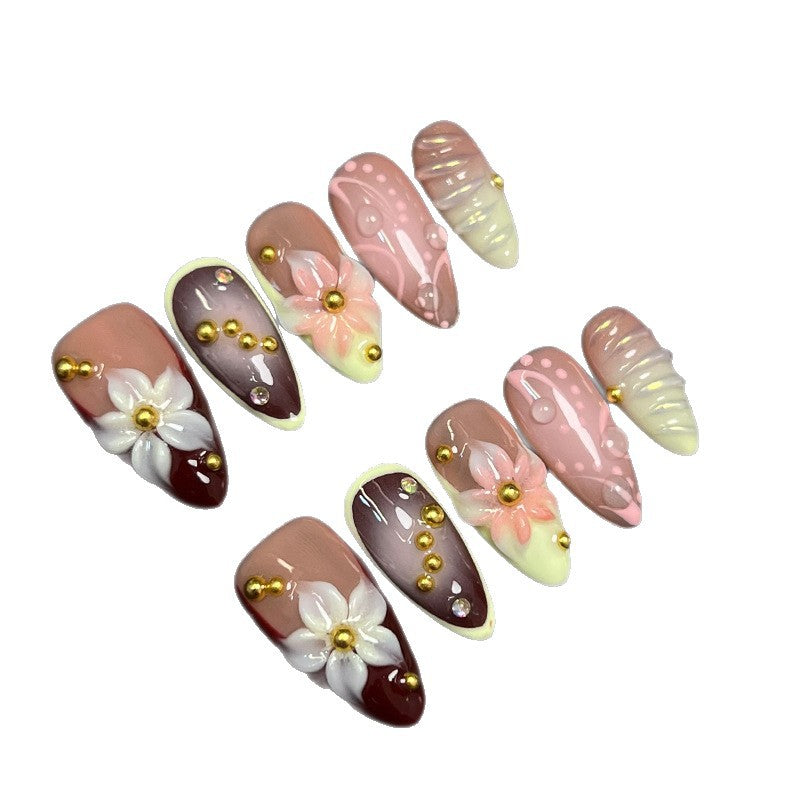 French Style Wearable Nails Cross-Border Sweet Camellia Nail Art Detachable Fake Nail Stickers Wearable Nail Tips European and American Wholesale