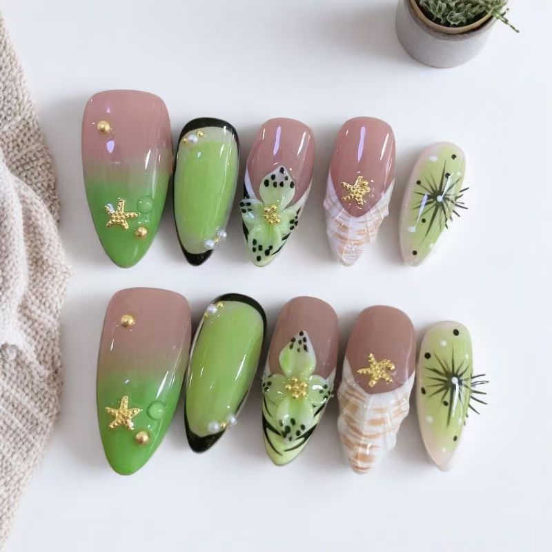 Edgy Florals: Custom Fresh 3D Embossed Press-on Nails | Handmade Almond Shape for a Stylish Look