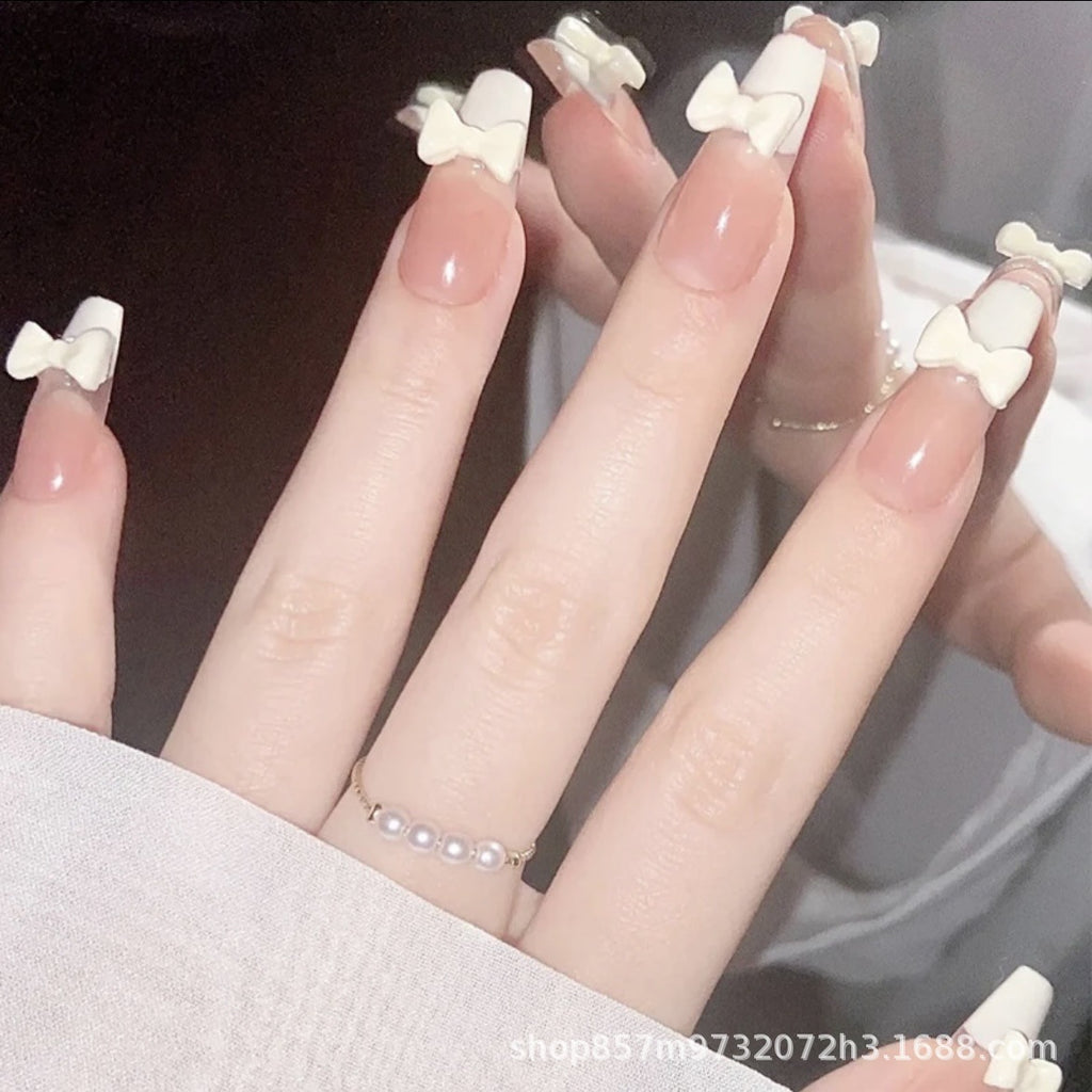 Wearable Nail Milk Yellow Bowknot Milk Huhu Nail Patch French Nail Patch Fake Nail Nail Patch Finished Nail Patch