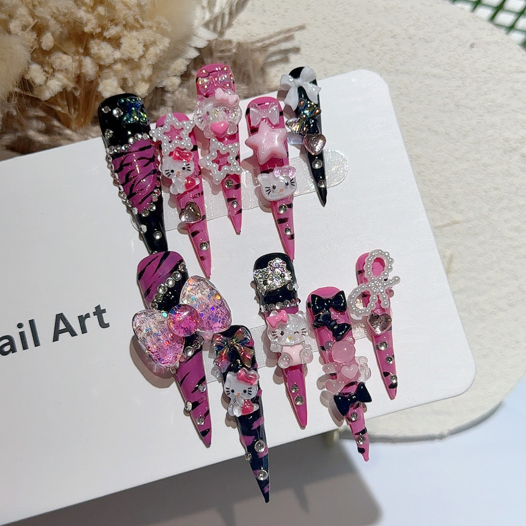 5.0 Extra Long Pointed Hand-Painted Zebra Pattern KT Hot Girl Wearable Nails High-End Personality European and American Style Nails Handmade Reusable