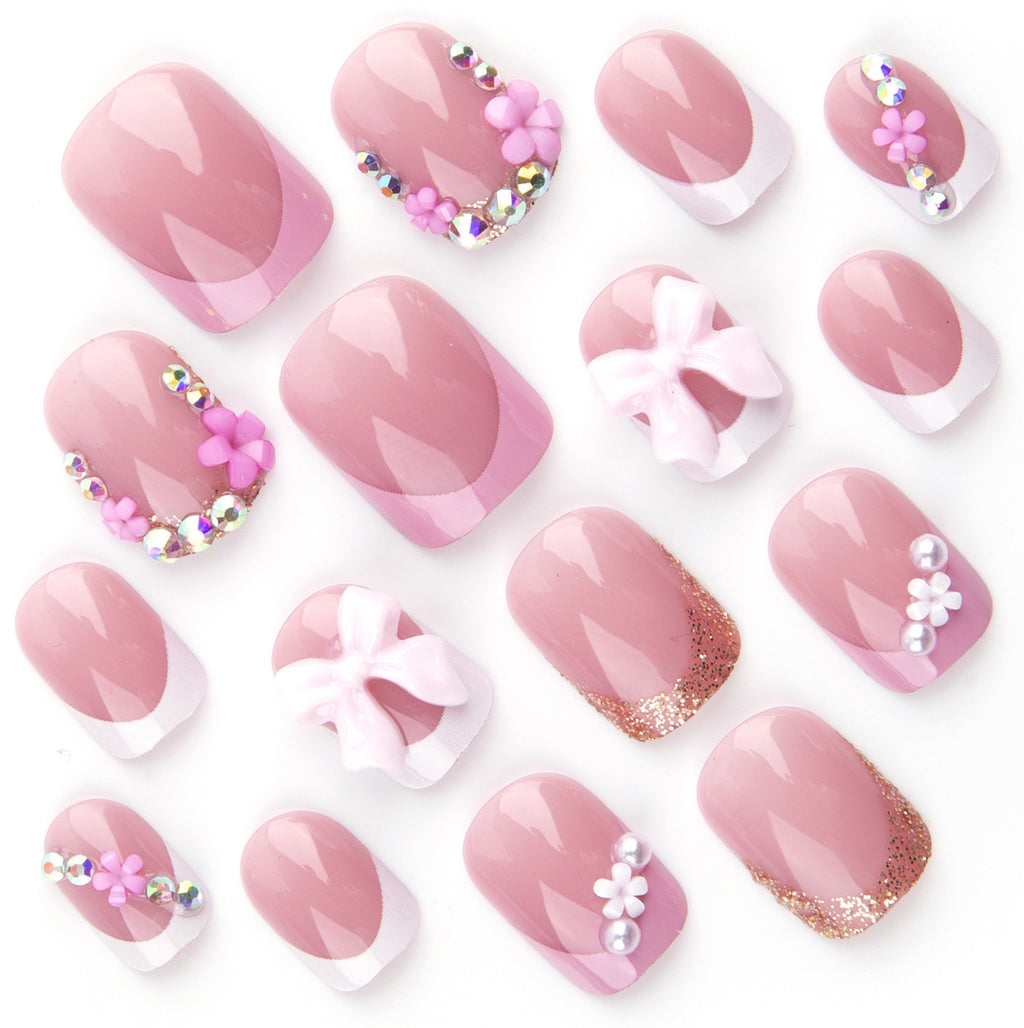 New Cross-Border Wearable Nails Wholesale French Pink Rhinestone Flower Detachable European and American Hot-Selling Fake Nail Tips