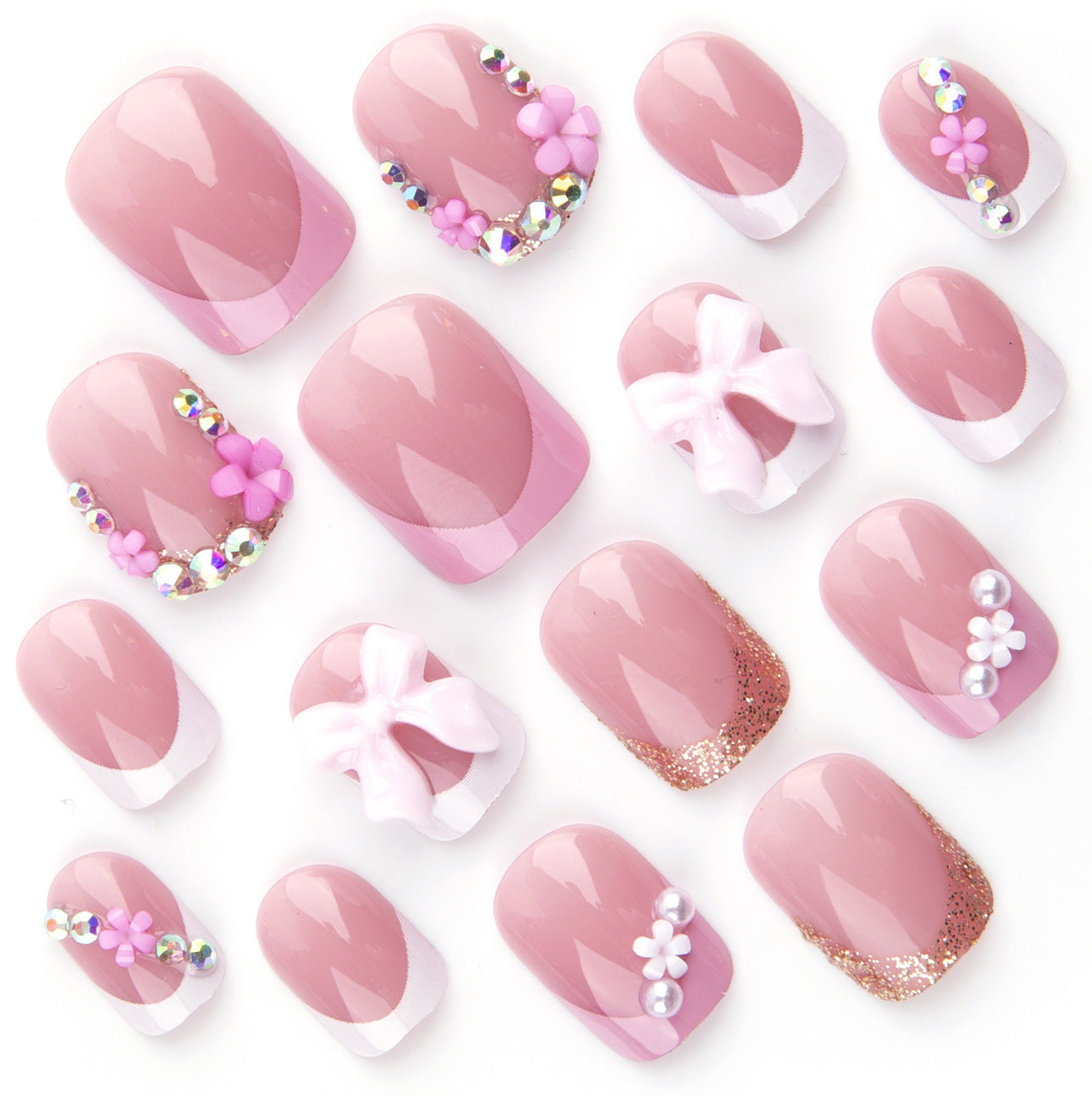 New Cross-Border Wearable Nails Wholesale French Pink Rhinestone Flower Detachable European and American Hot-Selling Fake Nail Tips