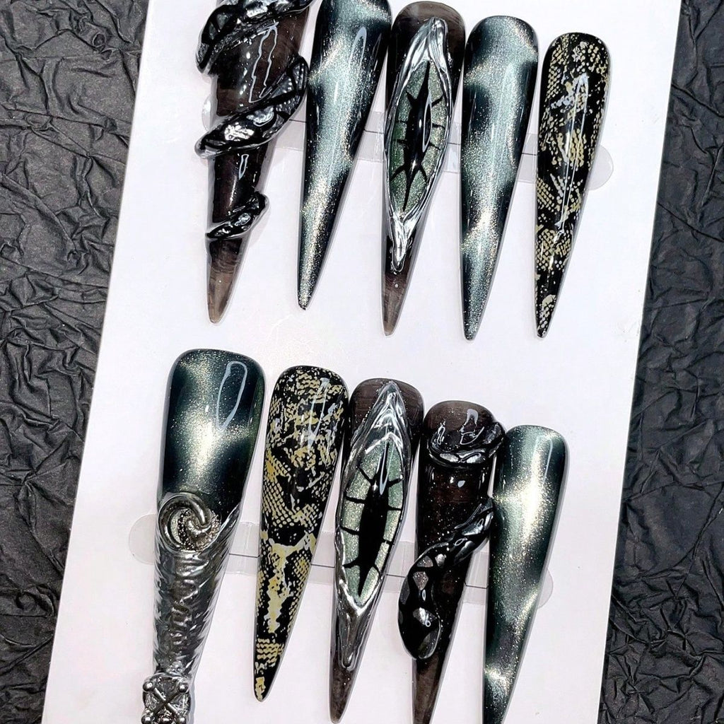 Edgy Baddie Press-on Nails: 'Dark Demon' Metal Cat Eye Design | Handmade Extra-Long & Luxuriously Detachable
