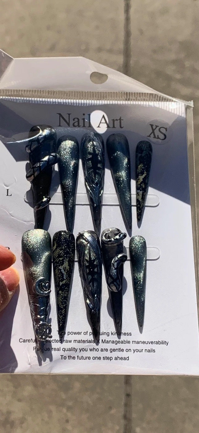 Edgy Baddie Press-on Nails: 'Dark Demon' Metal Cat Eye Design | Handmade Extra-Long & Luxuriously Detachable