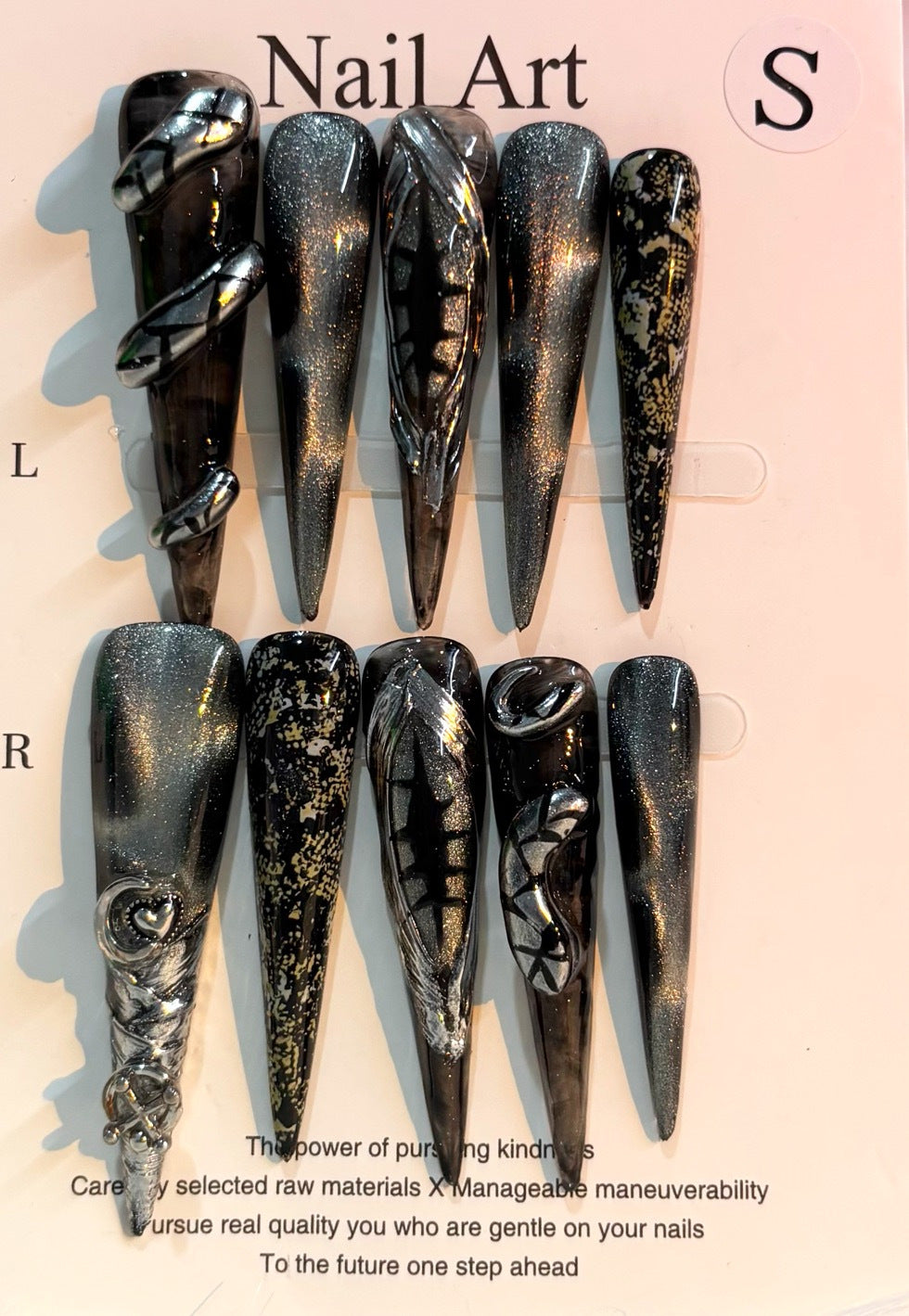 Edgy Baddie Press-on Nails: 'Dark Demon' Metal Cat Eye Design | Handmade Extra-Long & Luxuriously Detachable