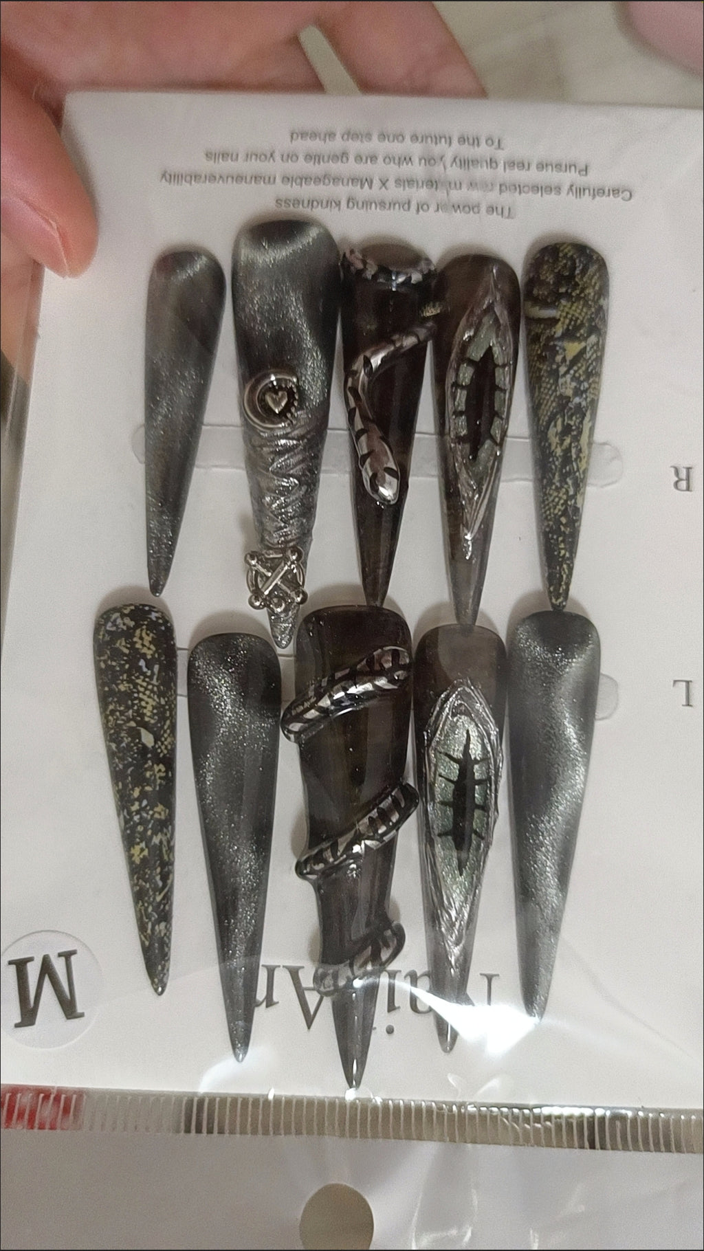 Edgy Baddie Press-on Nails: 'Dark Demon' Metal Cat Eye Design | Handmade Extra-Long & Luxuriously Detachable