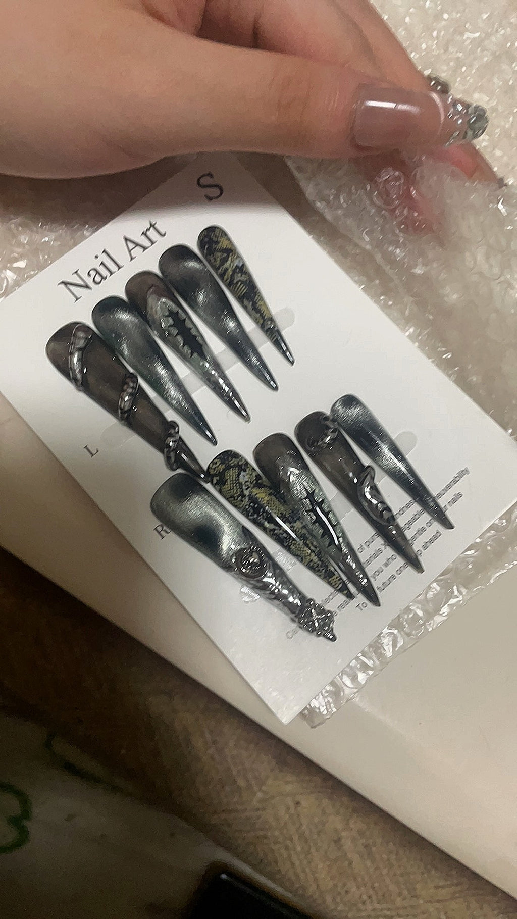 Edgy Baddie Press-on Nails: 'Dark Demon' Metal Cat Eye Design | Handmade Extra-Long & Luxuriously Detachable