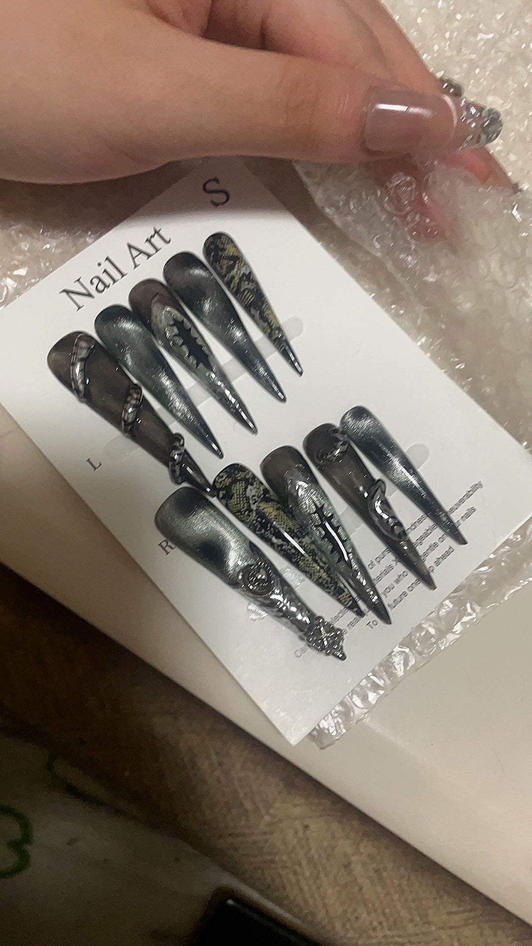 Edgy Baddie Press-on Nails: 'Dark Demon' Metal Cat Eye Design | Handmade Extra-Long & Luxuriously Detachable