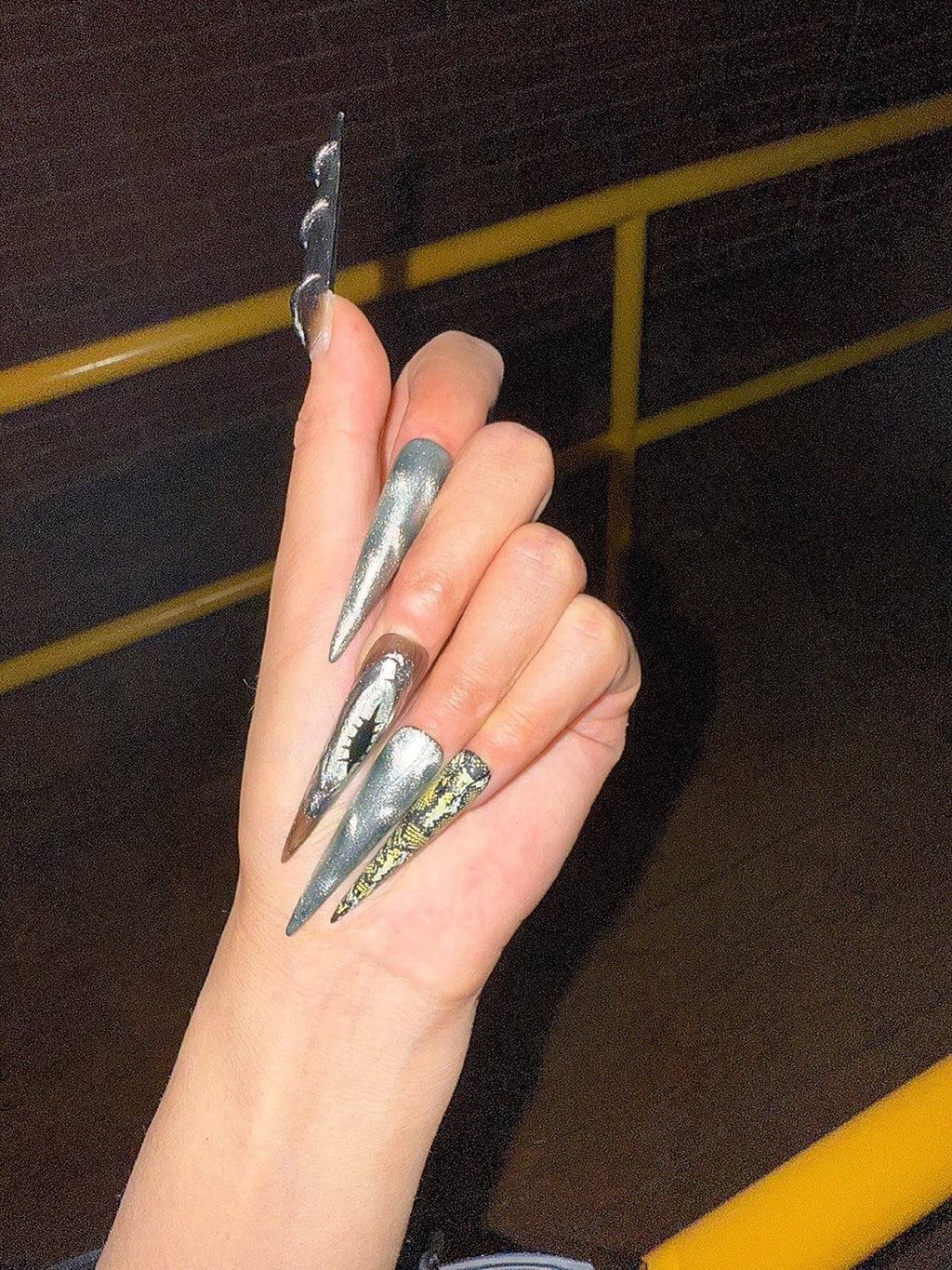 Edgy Baddie Press-on Nails: 'Dark Demon' Metal Cat Eye Design | Handmade Extra-Long & Luxuriously Detachable