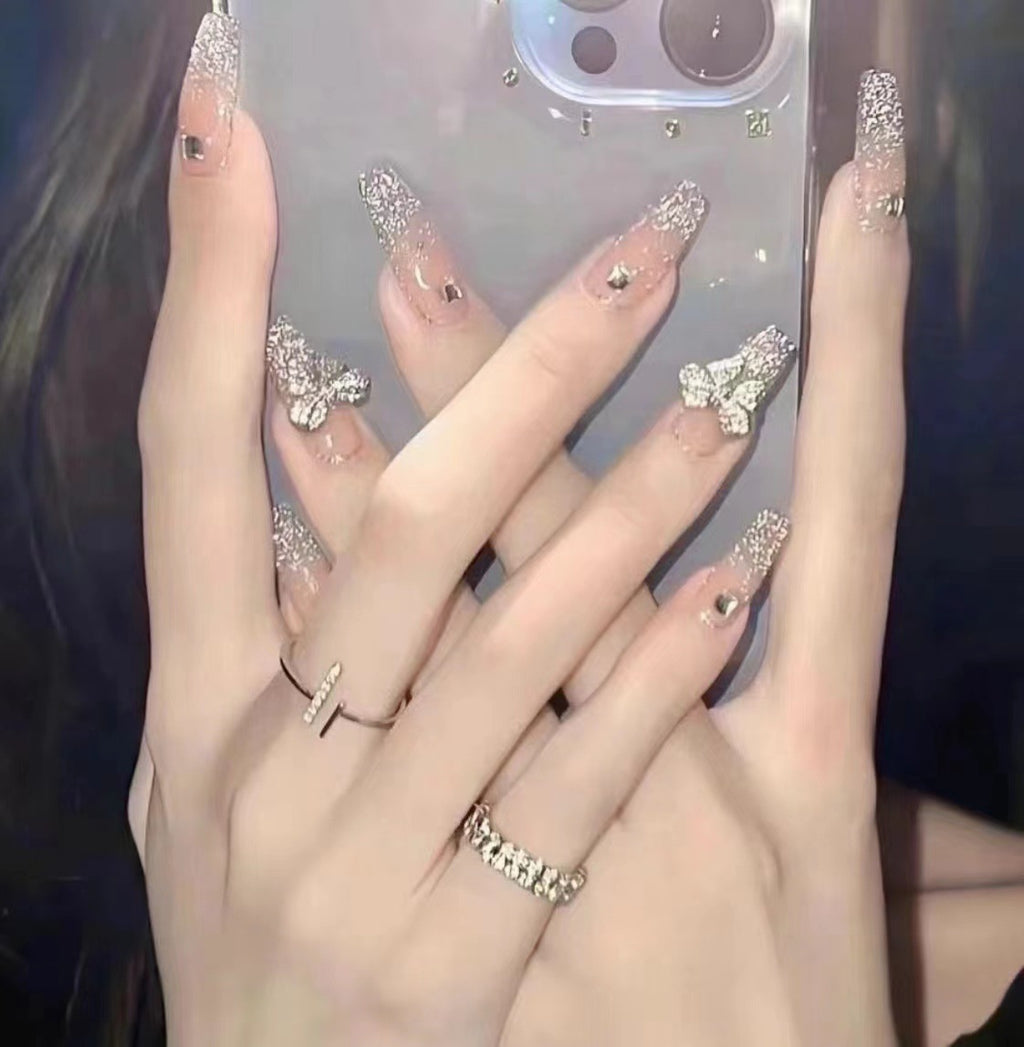 Flashing Bowknot Handmade Wearable Nails Xiaohongshu Same Style Finished Nail Pieces Wholesale Aurora Long Nail Stickers