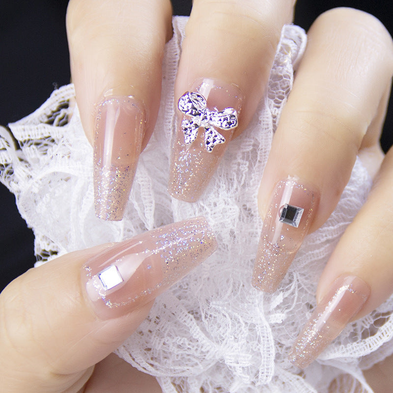 Flashing Bowknot Handmade Wearable Nails Xiaohongshu Same Style Finished Nail Pieces Wholesale Aurora Long Nail Stickers