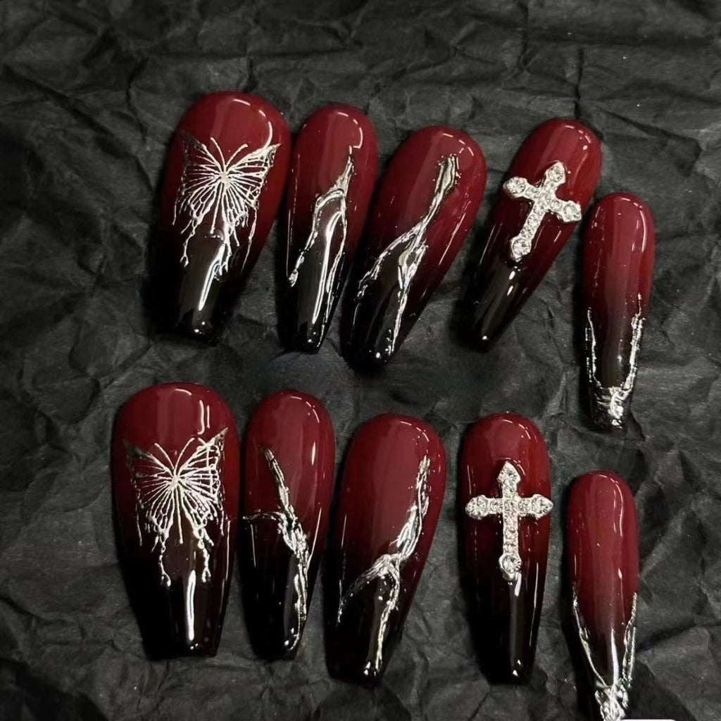 Liquid Silver Butterfly Press-On Nails - Handmade, Photoshoot-Ready, Removable & Waterproof