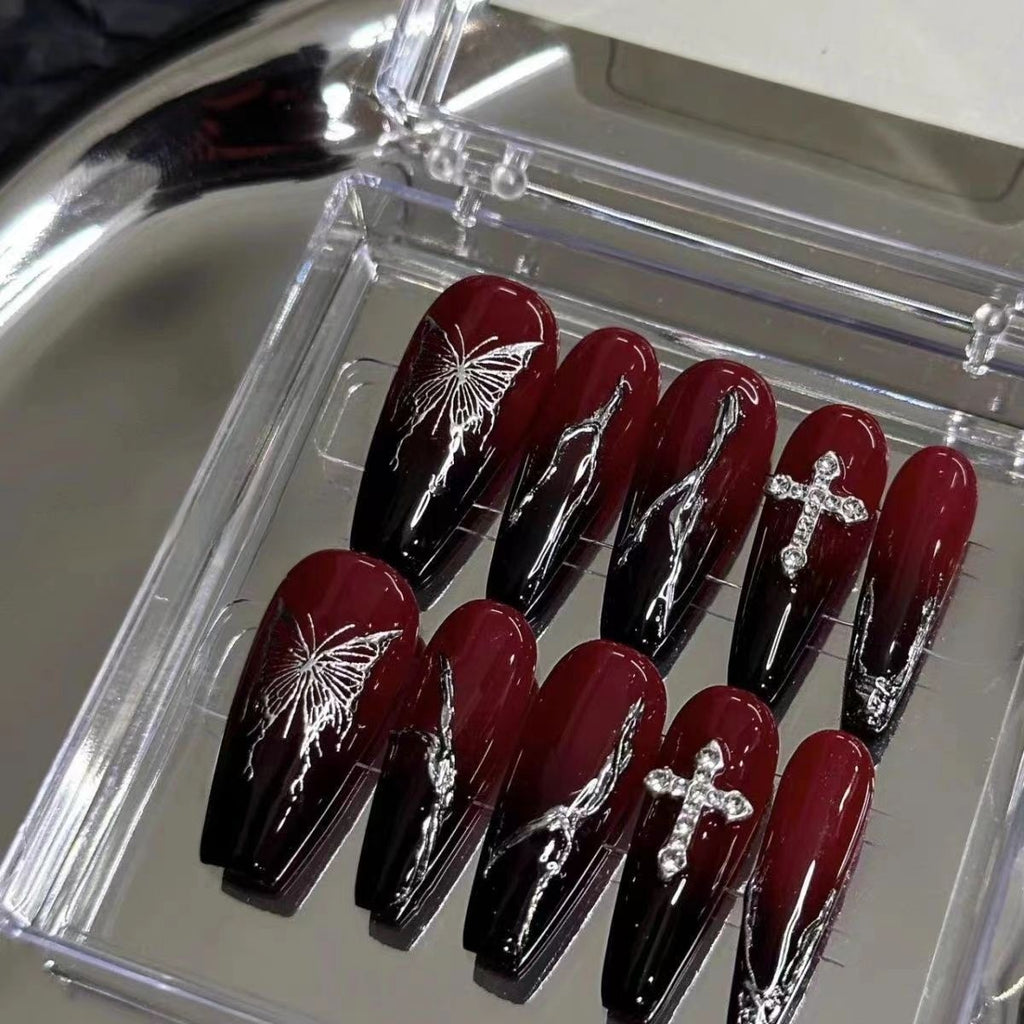 Liquid Silver Butterfly Press-On Nails - Handmade, Photoshoot-Ready, Removable & Waterproof