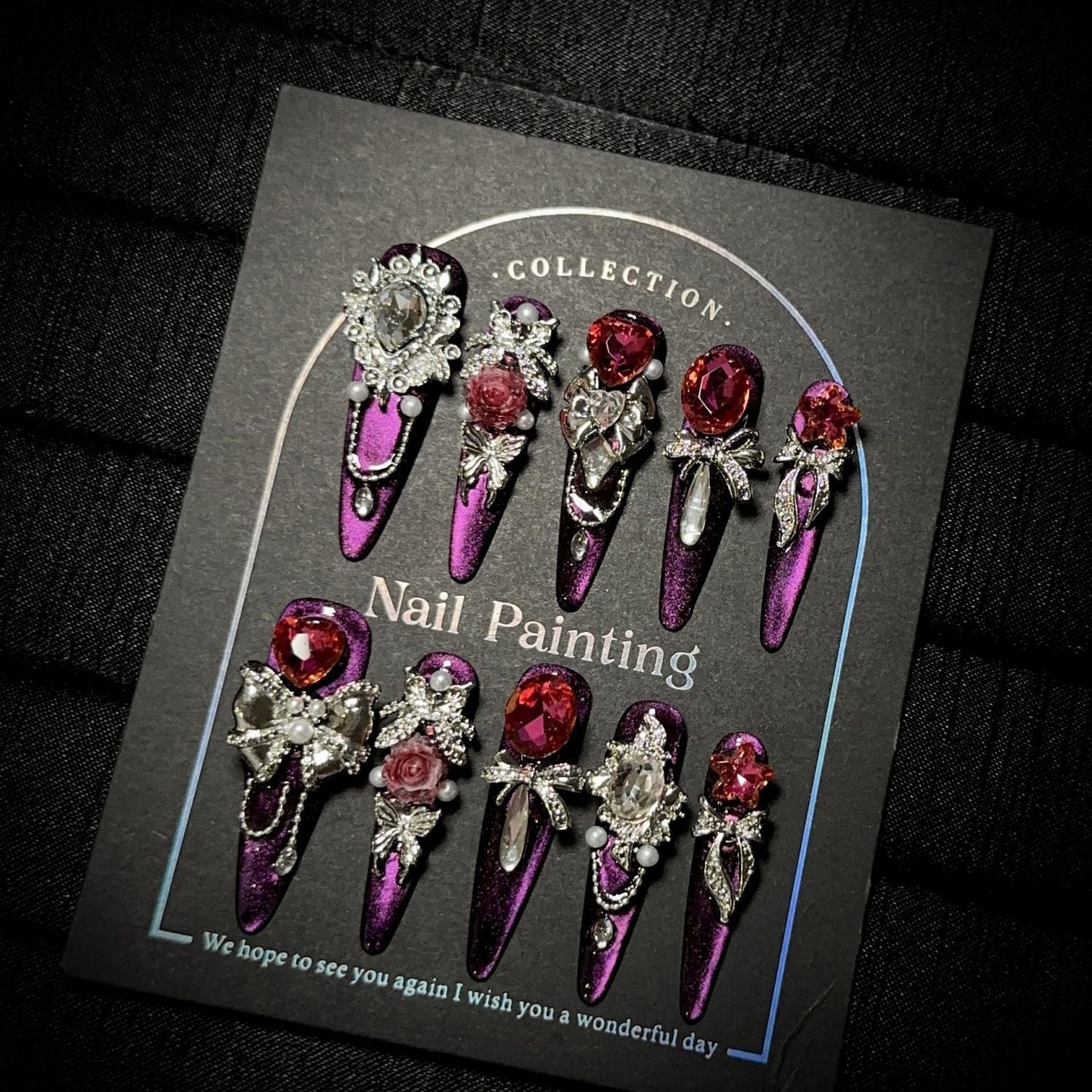 Opulent Black-Purple Cat Eye Press-on Nails: An Exquisitely Crafted Long-Length Manicure Set