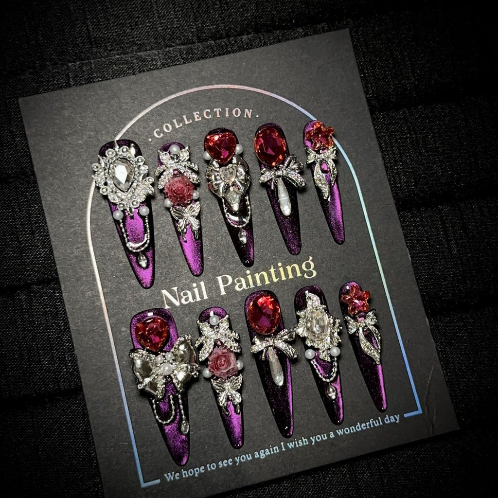 Opulent Black-Purple Cat Eye Press-on Nails: An Exquisitely Crafted Long-Length Manicure Set