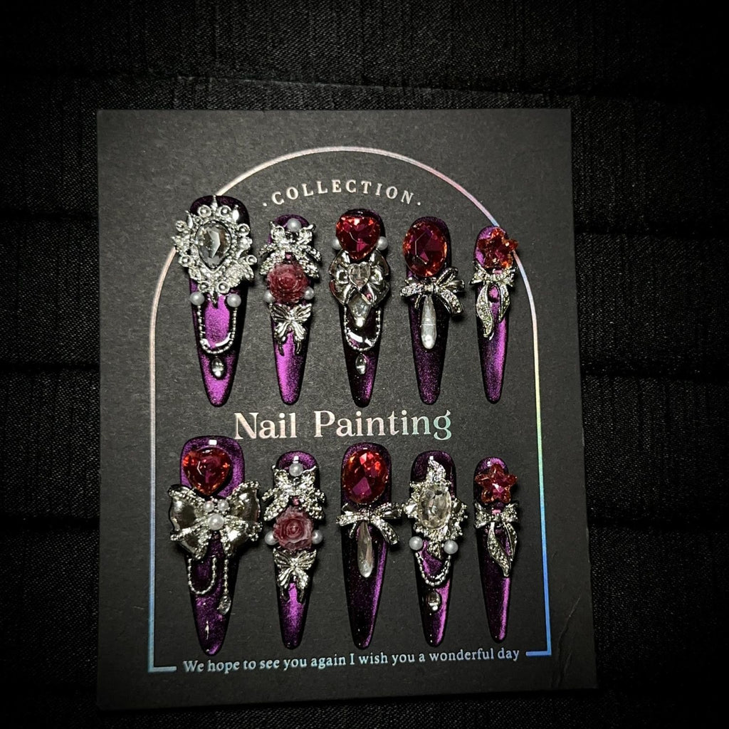 Opulent Black-Purple Cat Eye Press-on Nails: An Exquisitely Crafted Long-Length Manicure Set