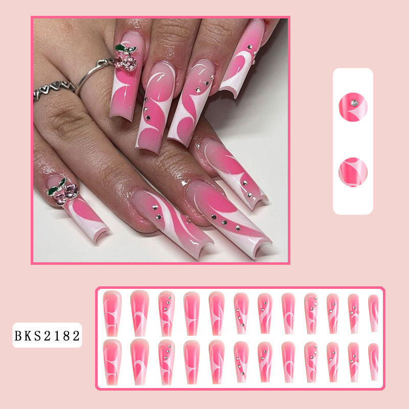Europe and America INS Long Pink Rhinestone Nail Tips Finished Nail Art Fake Nails Nail Stickers