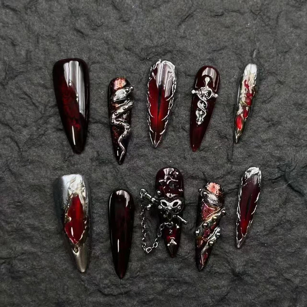 Handmade Press-on Nails with Metallic Gothic Silver Snake Design - Edgy Cat Eye Nails for a Detachable, Premium Look