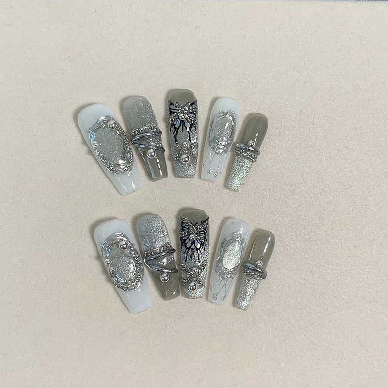 Butterfly Fantasy Mid-Length Handmade Wearable Nails Metallic Heavy Craft Brightening Finished Nail Art Detachable Autumn Winter