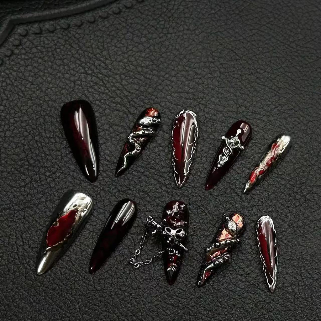 Handmade Press-on Nails with Metallic Gothic Silver Snake Design - Edgy Cat Eye Nails for a Detachable, Premium Look