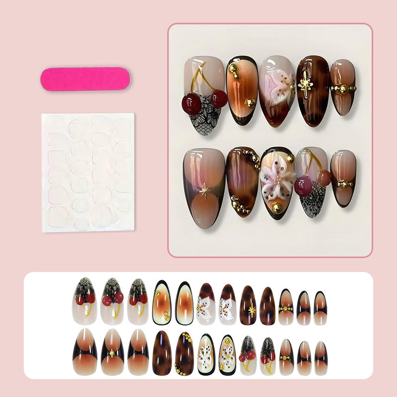 Foreign Trade Hot-Selling Cherry Blossom Flower Rhinestone Wearable Nails24Finished French Almond Nails European and American Wearable Nails Wholesale
