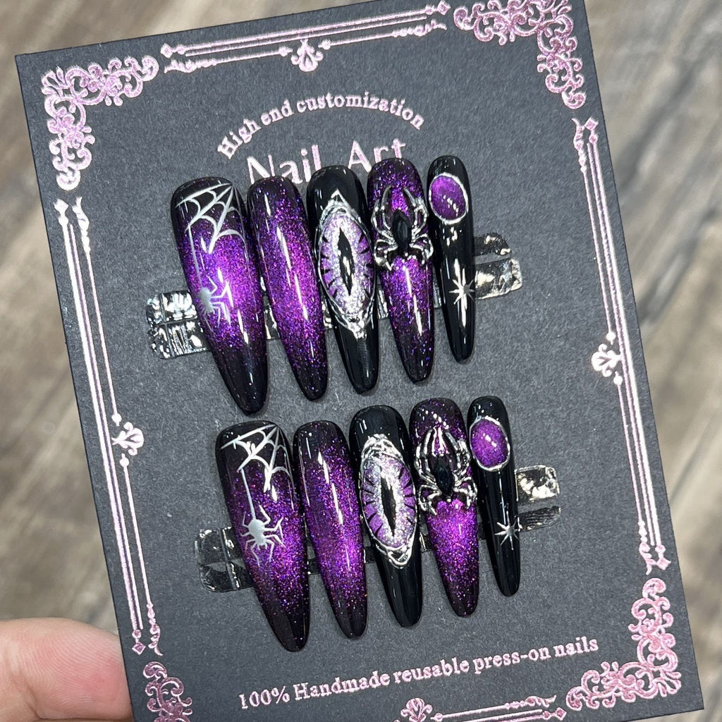 【Magic Eye】Witchy Press on Nails for Halloween - Reusable Purple Cat Eye with Spider Art (Dark Gothic Style)