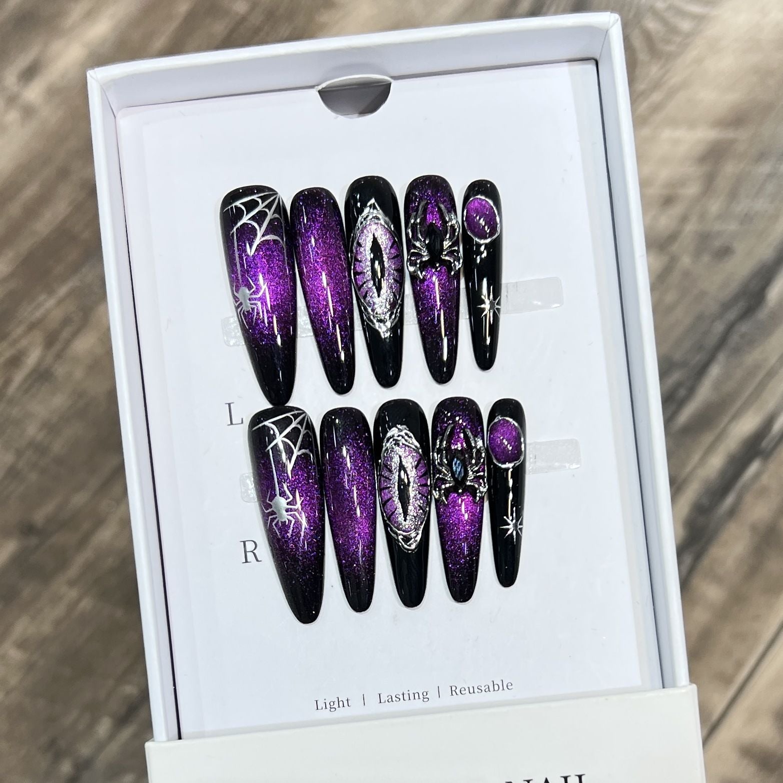 【Magic Eye】Witchy Press on Nails for Halloween - Reusable Purple Cat Eye with Spider Art (Dark Gothic Style)