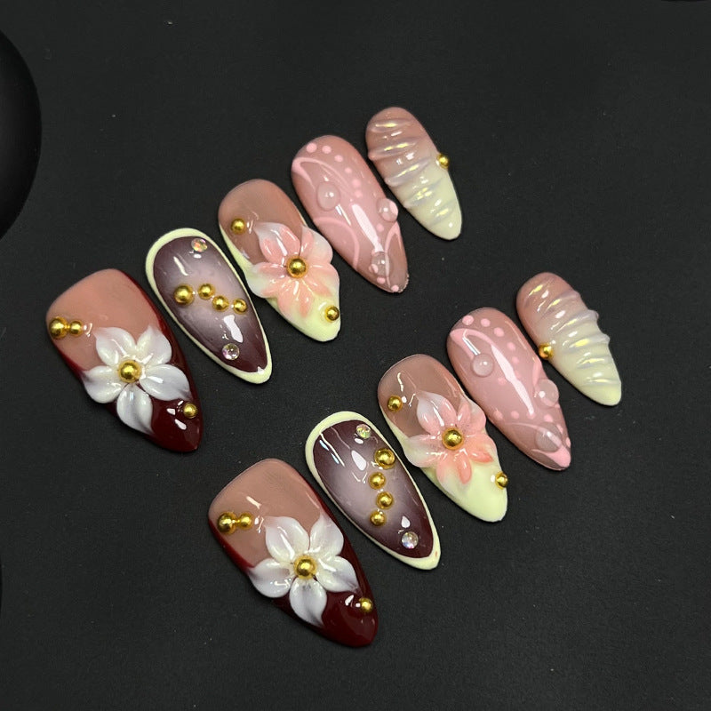 French Style Wearable Nails Cross-Border Sweet Camellia Nail Art Detachable Fake Nail Stickers Wearable Nail Tips European and American Wholesale