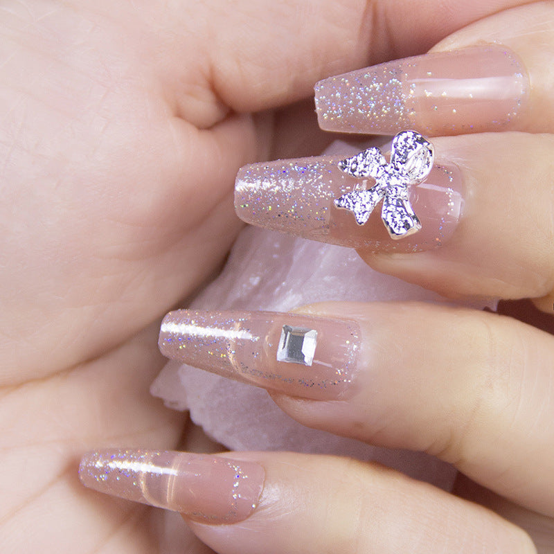 Flashing Bowknot Handmade Wearable Nails Xiaohongshu Same Style Finished Nail Pieces Wholesale Aurora Long Nail Stickers