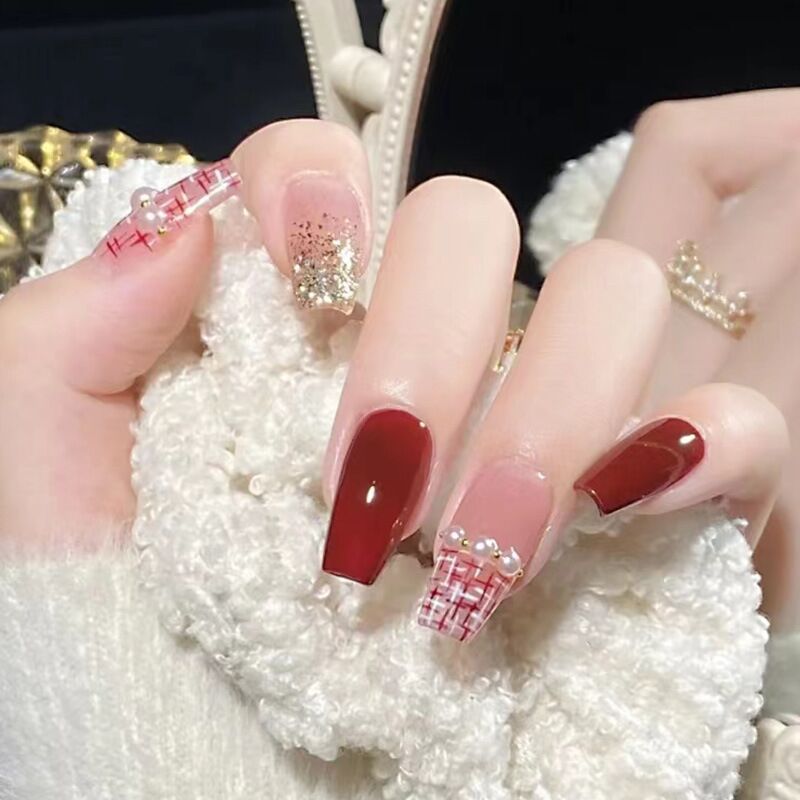 Flashing Bowknot Handmade Wearable Nails Xiaohongshu Same Style Finished Nail Pieces Wholesale Aurora Long Nail Stickers