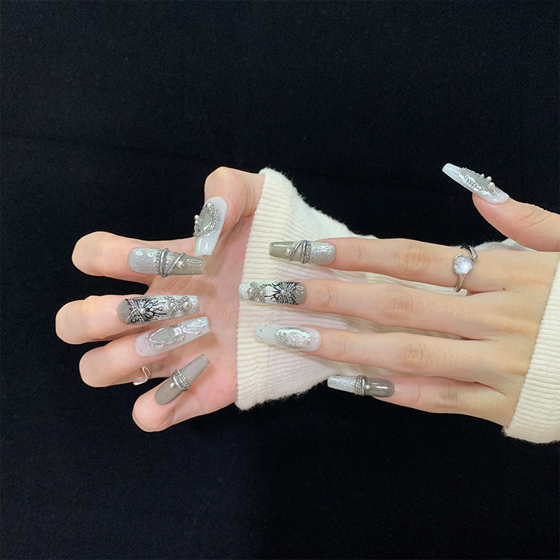 Butterfly Fantasy Mid-Length Handmade Wearable Nails Metallic Heavy Craft Brightening Finished Nail Art Detachable Autumn Winter