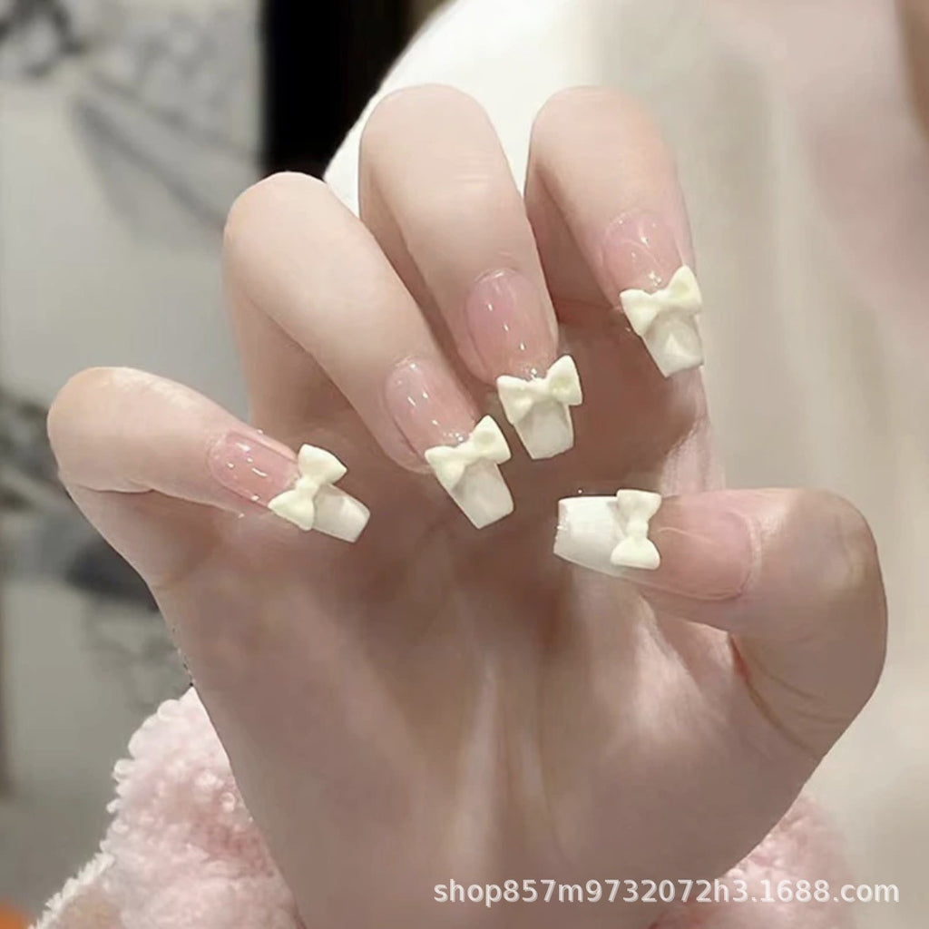 Wearable Nail Milk Yellow Bowknot Milk Huhu Nail Patch French Nail Patch Fake Nail Nail Patch Finished Nail Patch