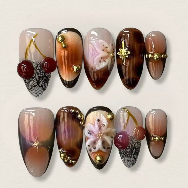 Foreign Trade Hot-Selling Cherry Blossom Flower Rhinestone Wearable Nails24Finished French Almond Nails European and American Wearable Nails Wholesale