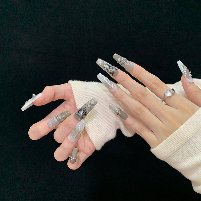 Butterfly Fantasy Mid-Length Handmade Wearable Nails Metallic Heavy Craft Brightening Finished Nail Art Detachable Autumn Winter