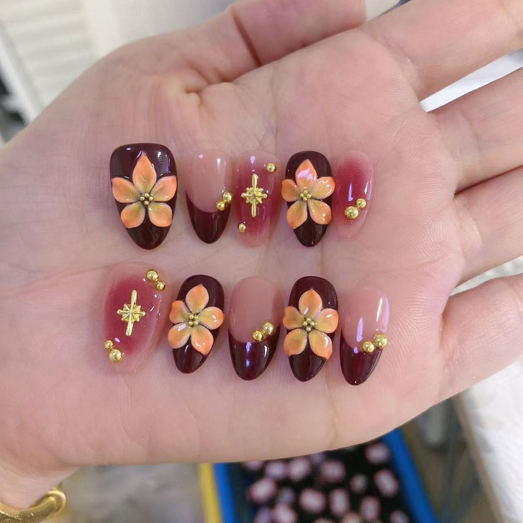 Bauhinia Flower Embossed Press-on Nails: Handmade Almond Shape Design | Premium & Flattering