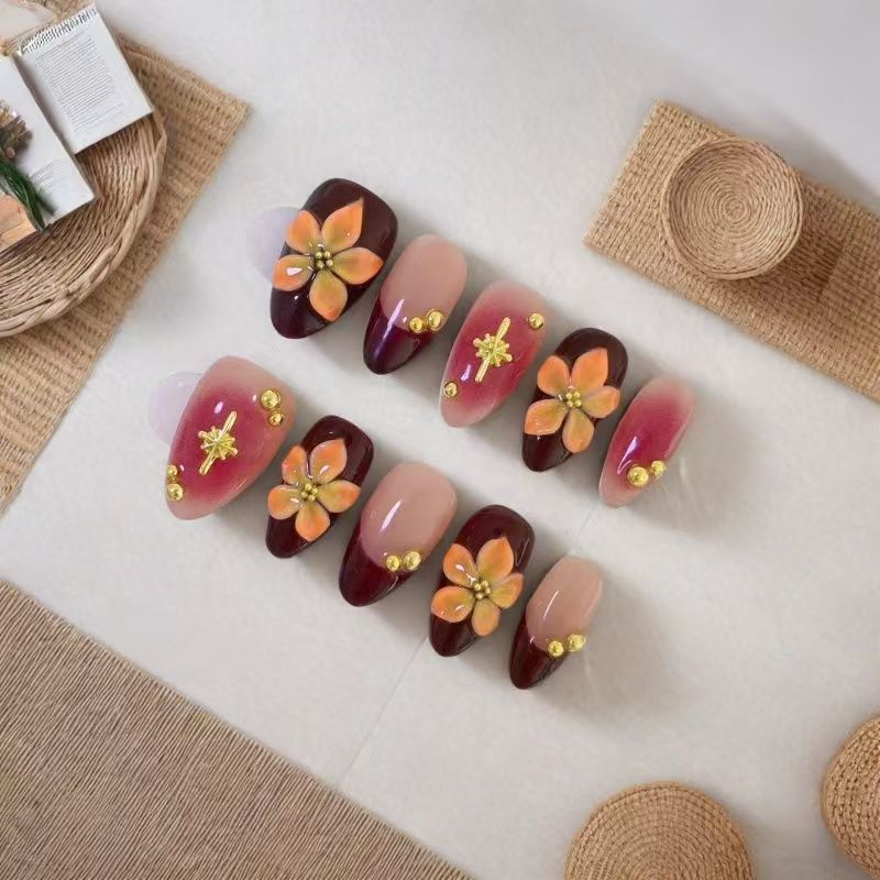 Bauhinia Flower Embossed Press-on Nails: Handmade Almond Shape Design | Premium & Flattering