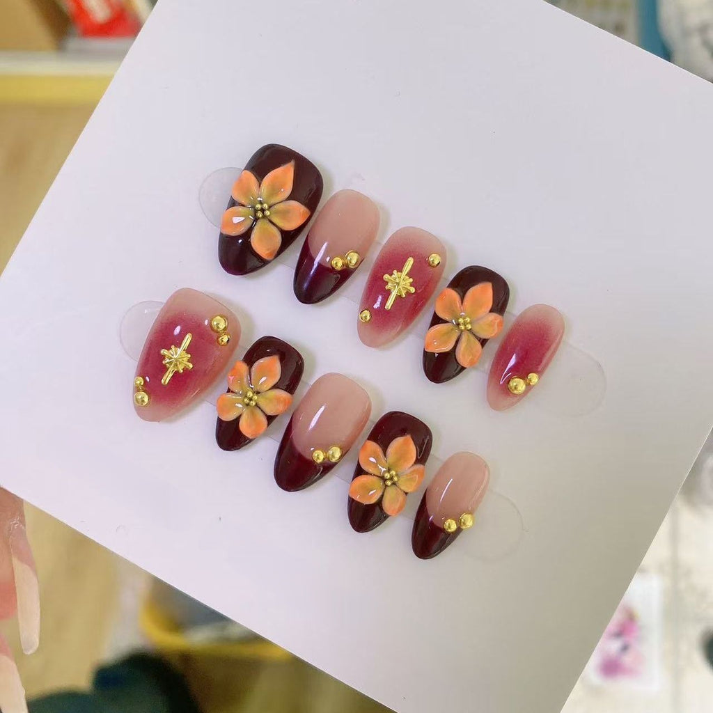 Bauhinia Flower Embossed Press-on Nails: Handmade Almond Shape Design | Premium & Flattering