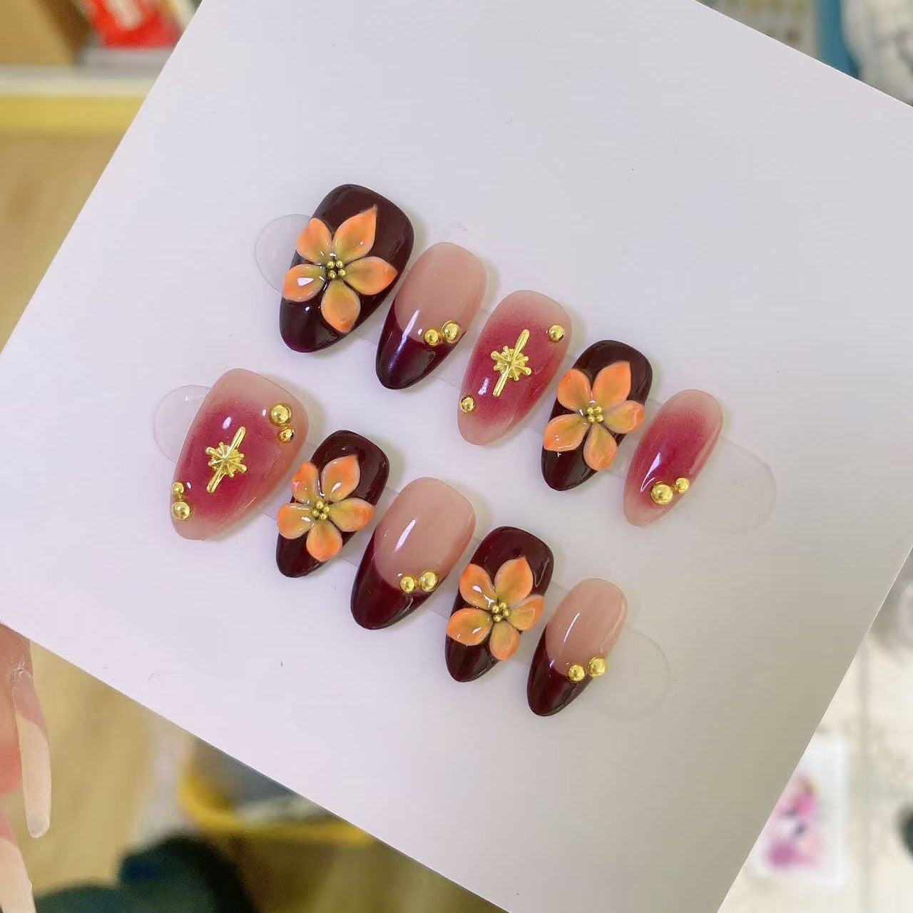 Bauhinia Flower Embossed Press-on Nails: Handmade Almond Shape Design | Premium & Flattering