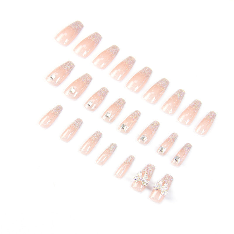 Flashing Bowknot Handmade Wearable Nails Xiaohongshu Same Style Finished Nail Pieces Wholesale Aurora Long Nail Stickers