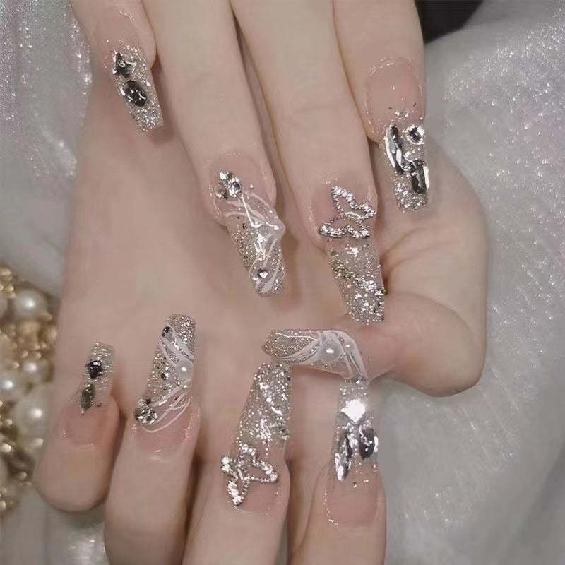 Hot Girl Trend Wearable Nails Long Ice Transparent Heart Shaped Sparkling Diamond High-end Nail Stickers Finished Nail Art Nail Tips Wholesale