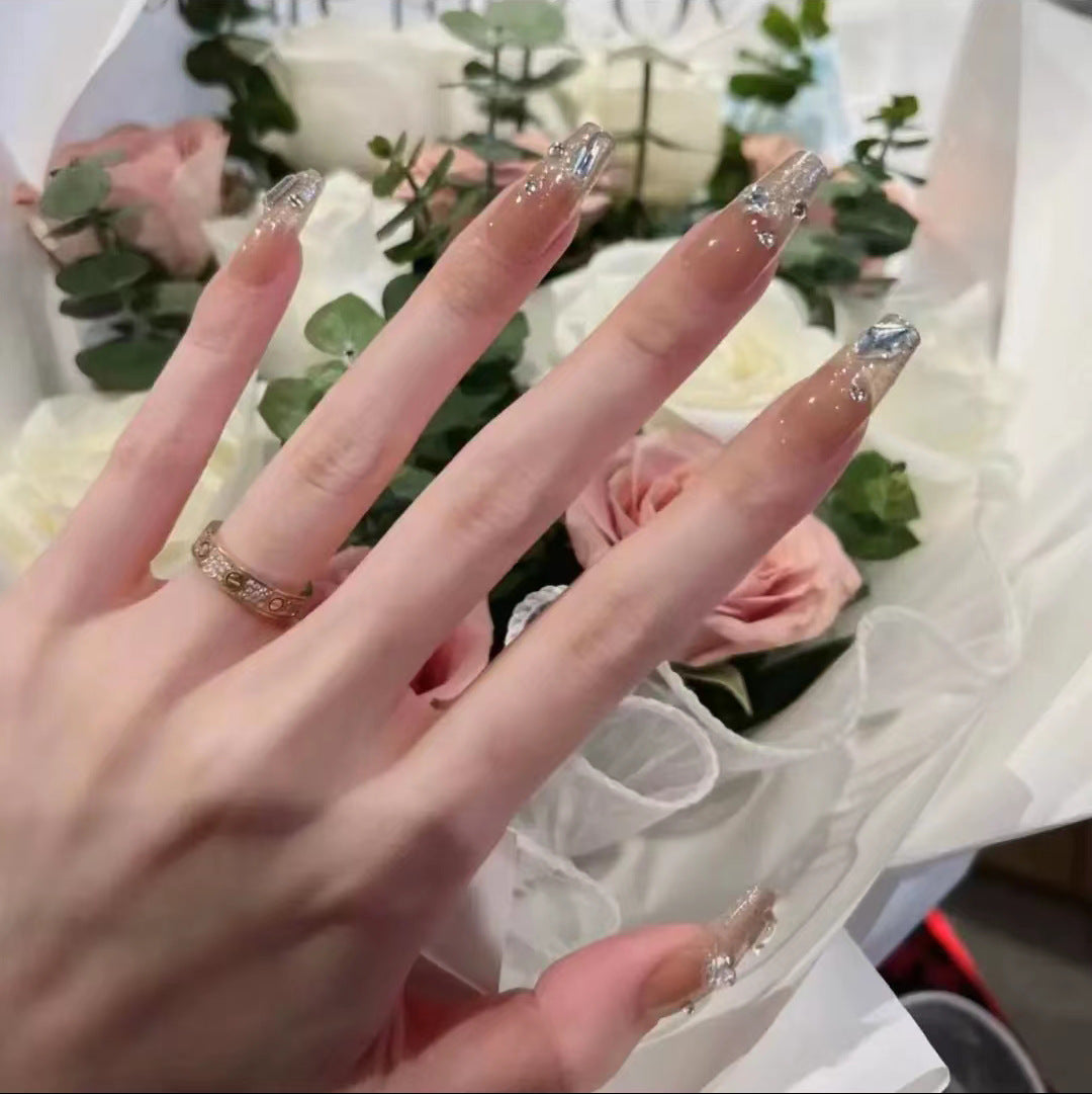 Hot Girl Trend Wearable Nails Long Ice Transparent Heart Shaped Sparkling Diamond High-end Nail Stickers Finished Nail Art Nail Tips Wholesale