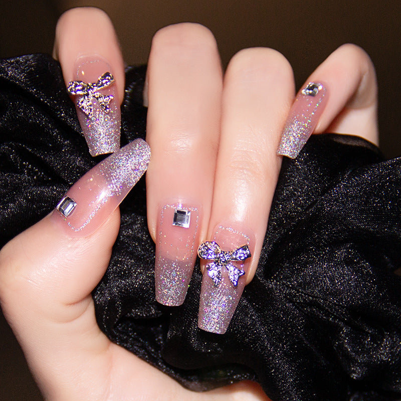 Flashing Bowknot Handmade Wearable Nails Xiaohongshu Same Style Finished Nail Pieces Wholesale Aurora Long Nail Stickers