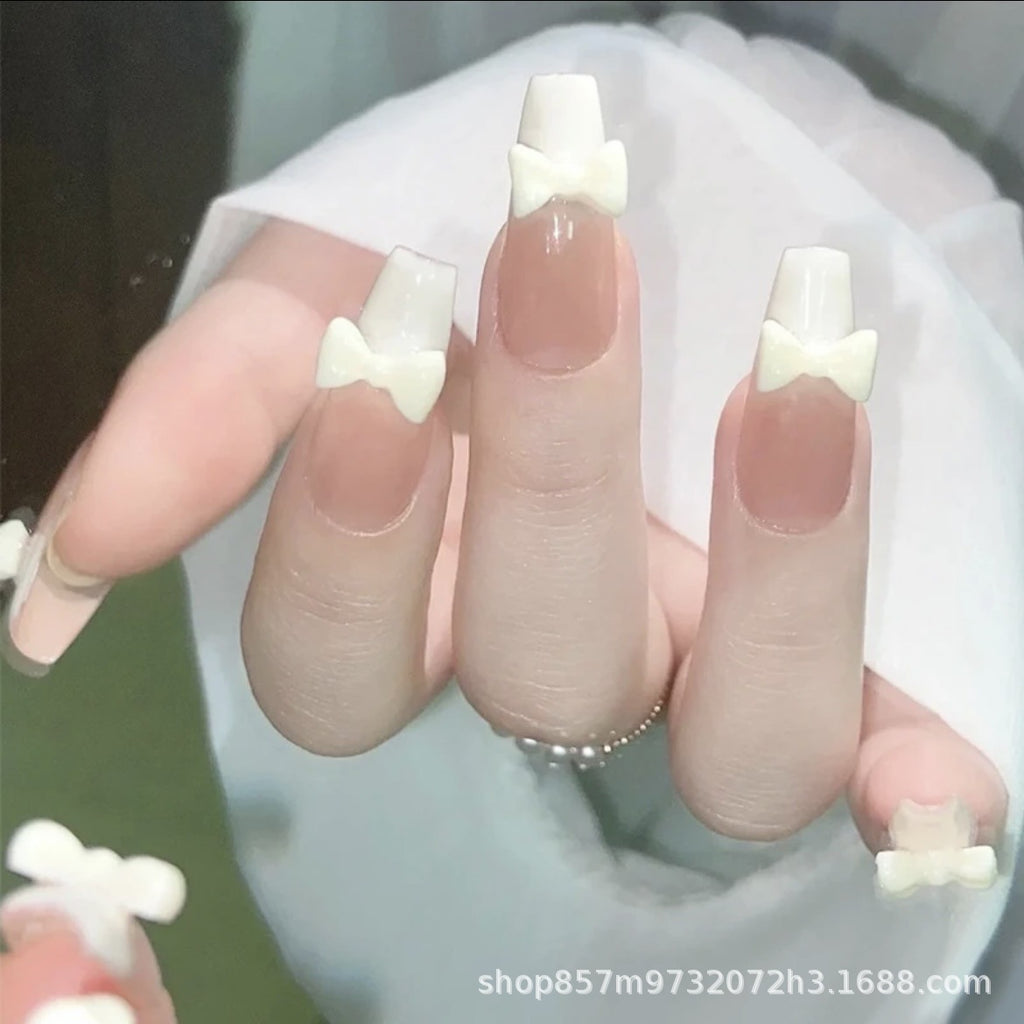 Wearable Nail Milk Yellow Bowknot Milk Huhu Nail Patch French Nail Patch Fake Nail Nail Patch Finished Nail Patch