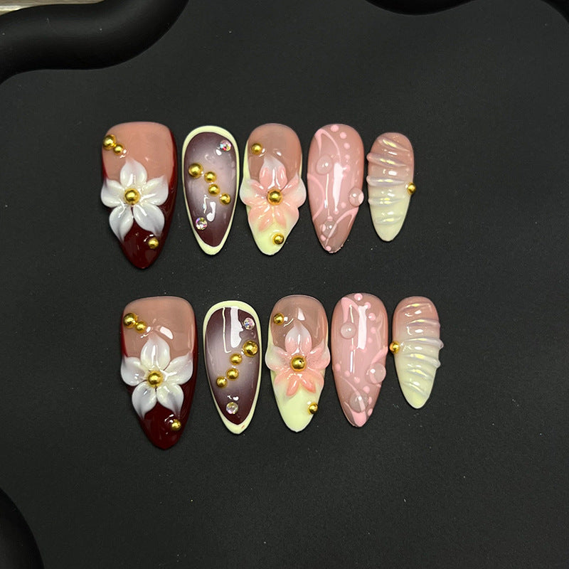 French Style Wearable Nails Cross-Border Sweet Camellia Nail Art Detachable Fake Nail Stickers Wearable Nail Tips European and American Wholesale