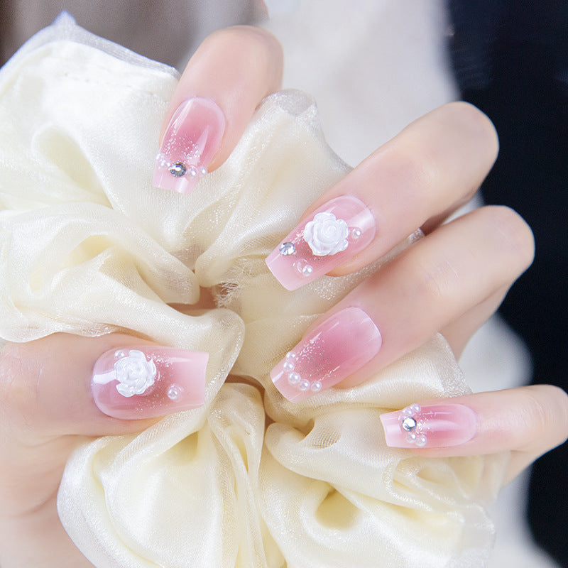 Flashing Bowknot Handmade Wearable Nails Xiaohongshu Same Style Finished Nail Pieces Wholesale Aurora Long Nail Stickers