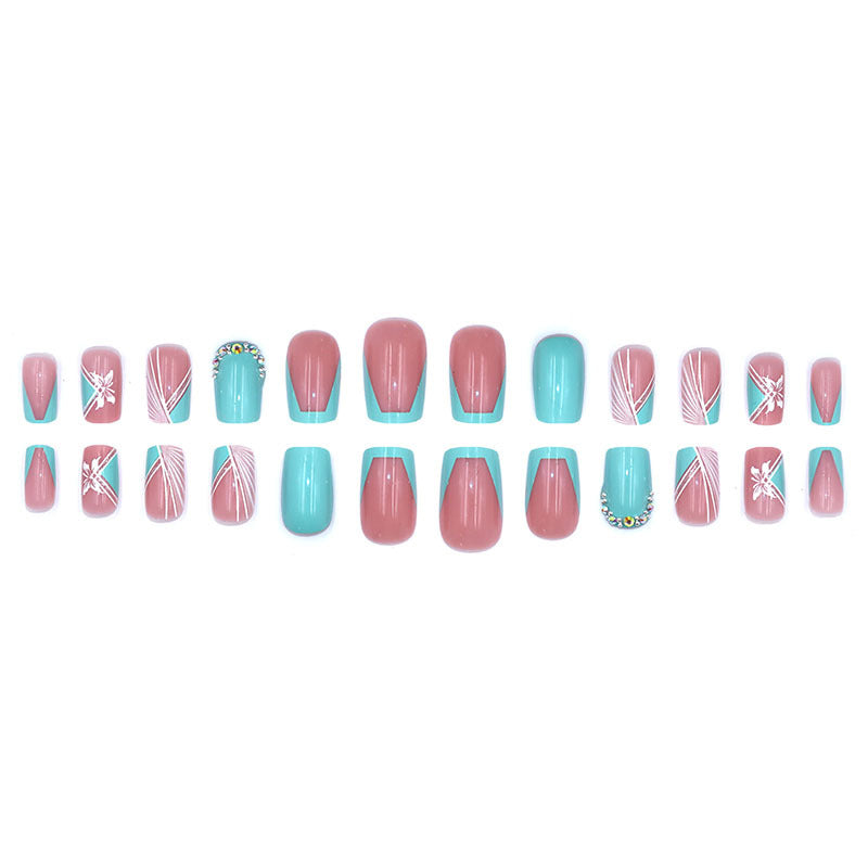 Wearable Nail Diamond Style Sparkling Summer Blue Green European and American Style Three-Dimensional Butterfly Whitening Reusable24Piece Pack